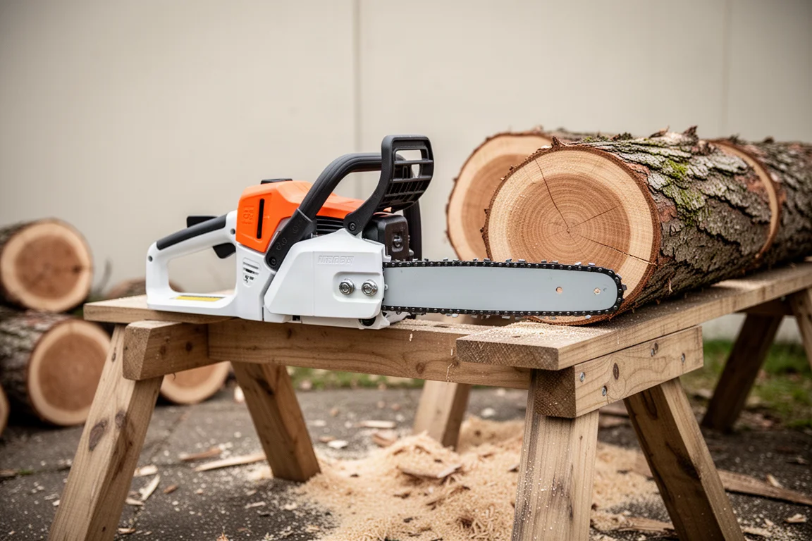Battery chainsaw resting on a sawbuck among freshly cut log rounds