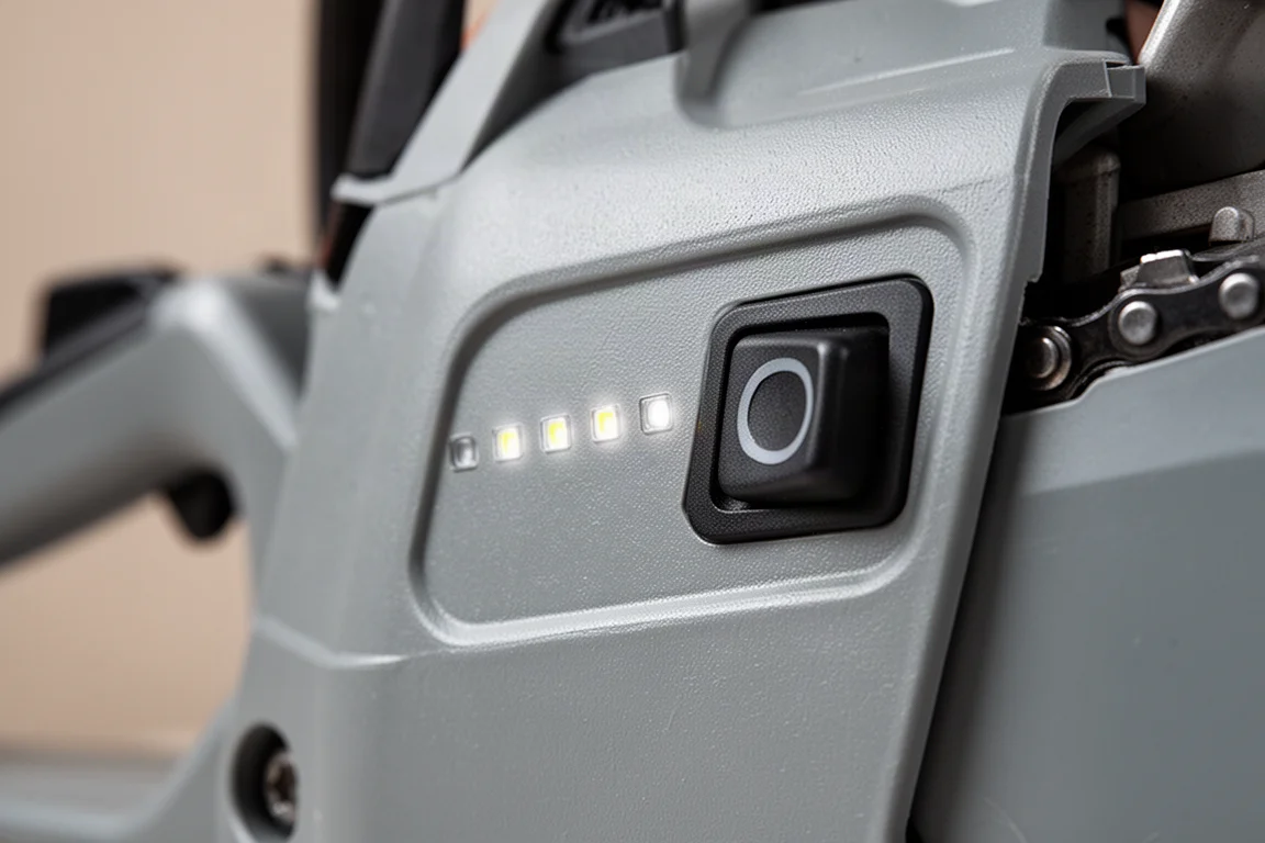 Close-up of a chainsaw side panel showing status indicator lights