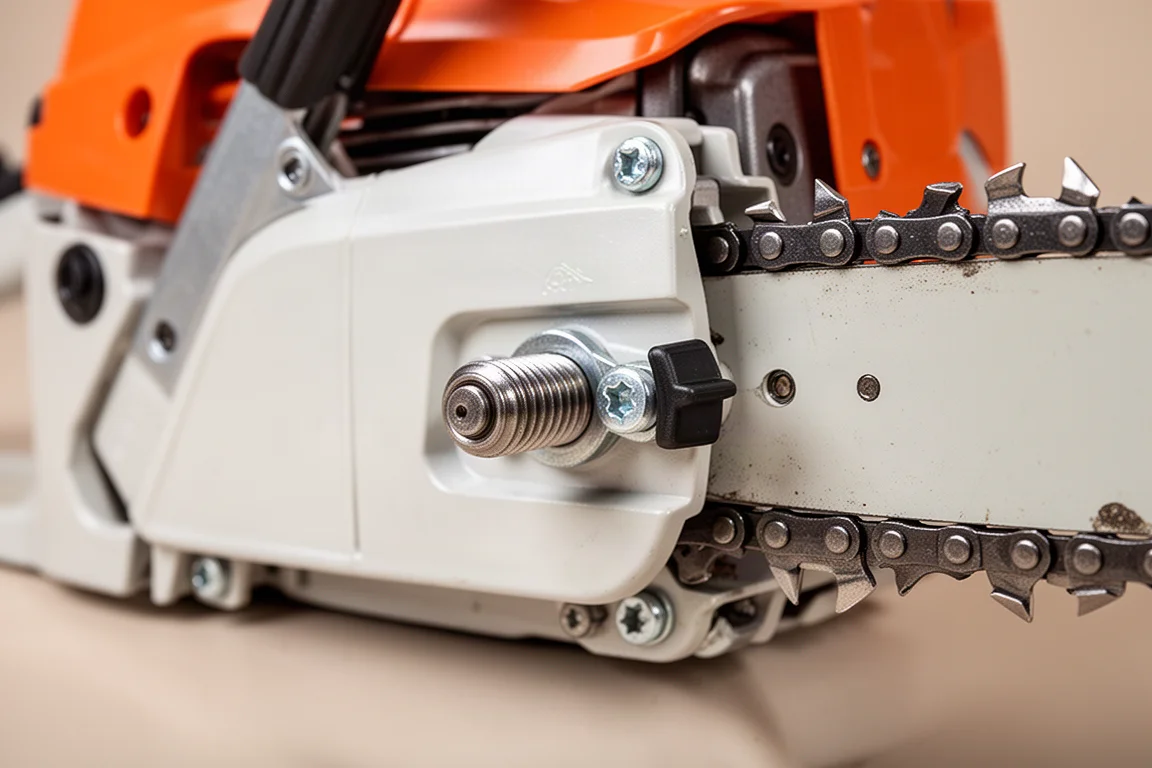 Close-up of bar and chain oil cap and metal bucking spikes on a chainsaw body