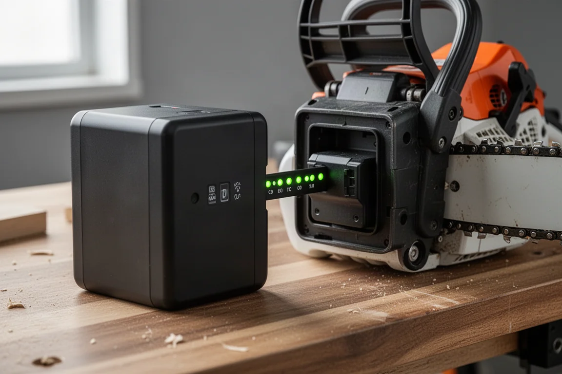 Large battery pack sliding into a chainsaw housing in a workshop setting