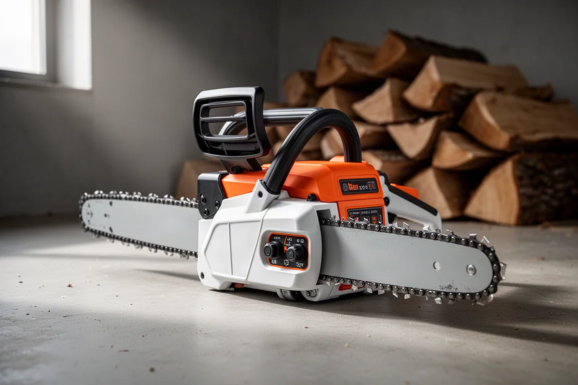 STIHL MSA 300 C battery chainsaw on a concrete workshop floor near split logs