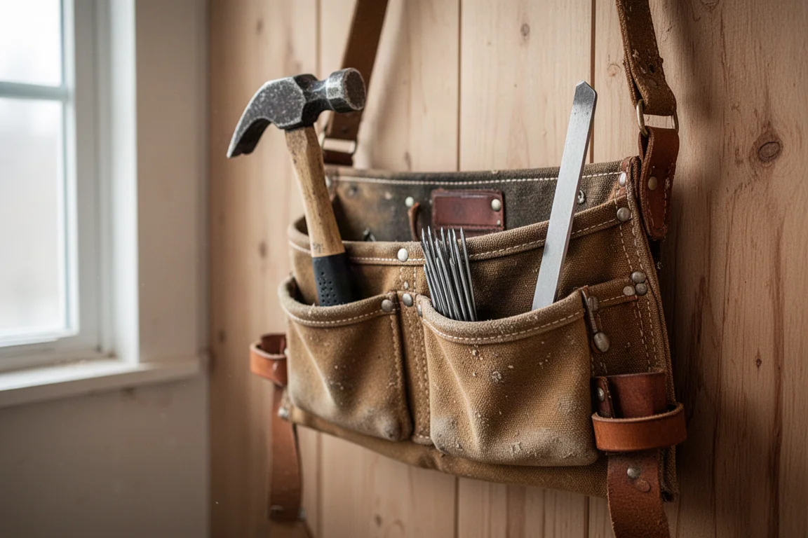 Carpenter's tool belt hanging on a wall with hammer and nail bar in pouches