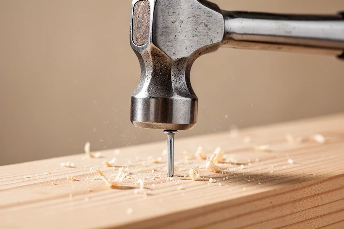 Close-up of a milled steel hammer face striking a nail head