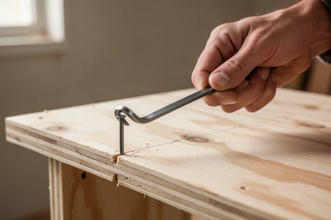 Carpenter's hand holding a nail bar while prying a nail from plywood