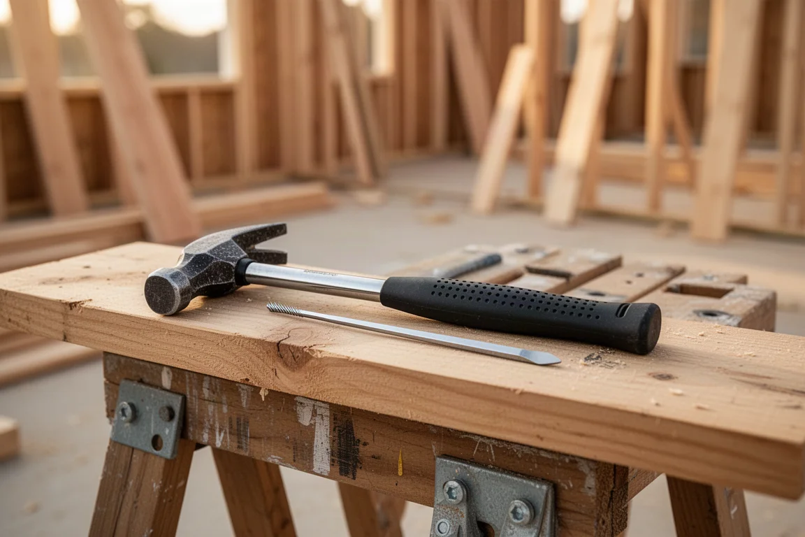 Framing hammer and nail bar resting on a sawhorse at a job site