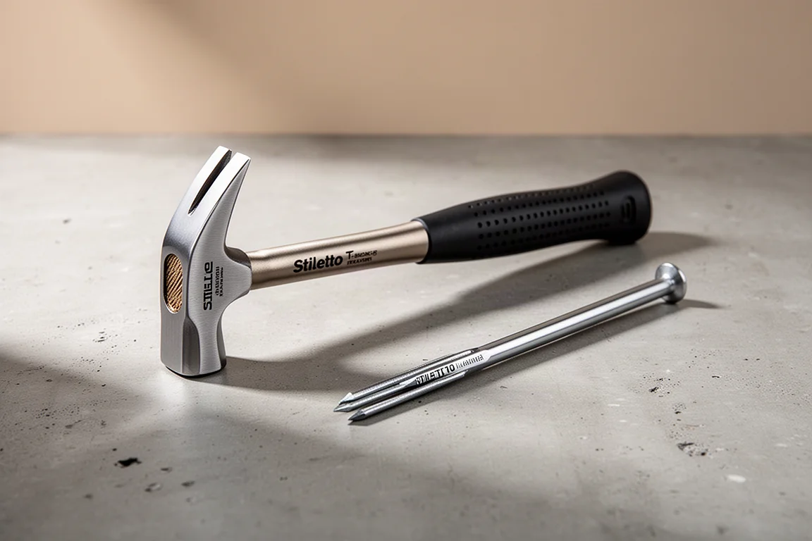Stiletto T-Bone framing hammer and Stiletto nail bar on concrete surface
