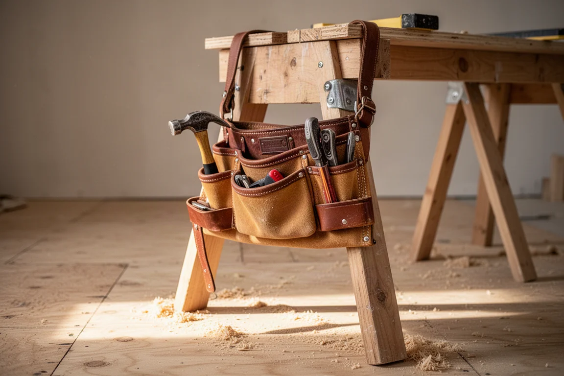 A carpenter's tool belt with a framing hammer hanging from the hammer loop on a job site
