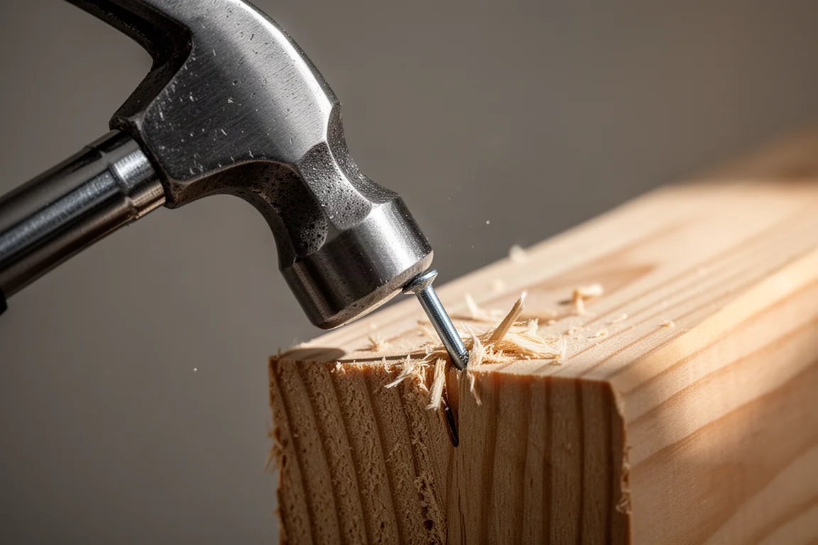 Close-up of a hammer face with worn texture striking a nail head partially driven into lumber