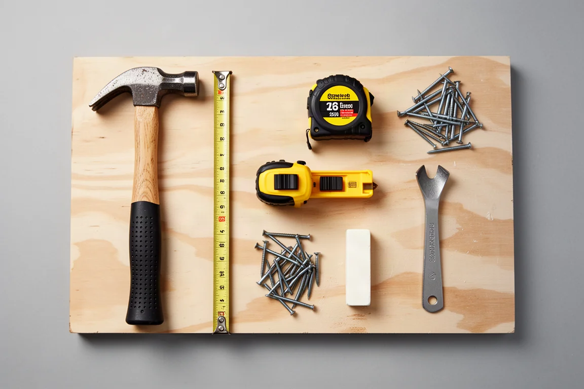Overhead flat-lay of carpentry hand tools and fasteners arranged on a plywood surface