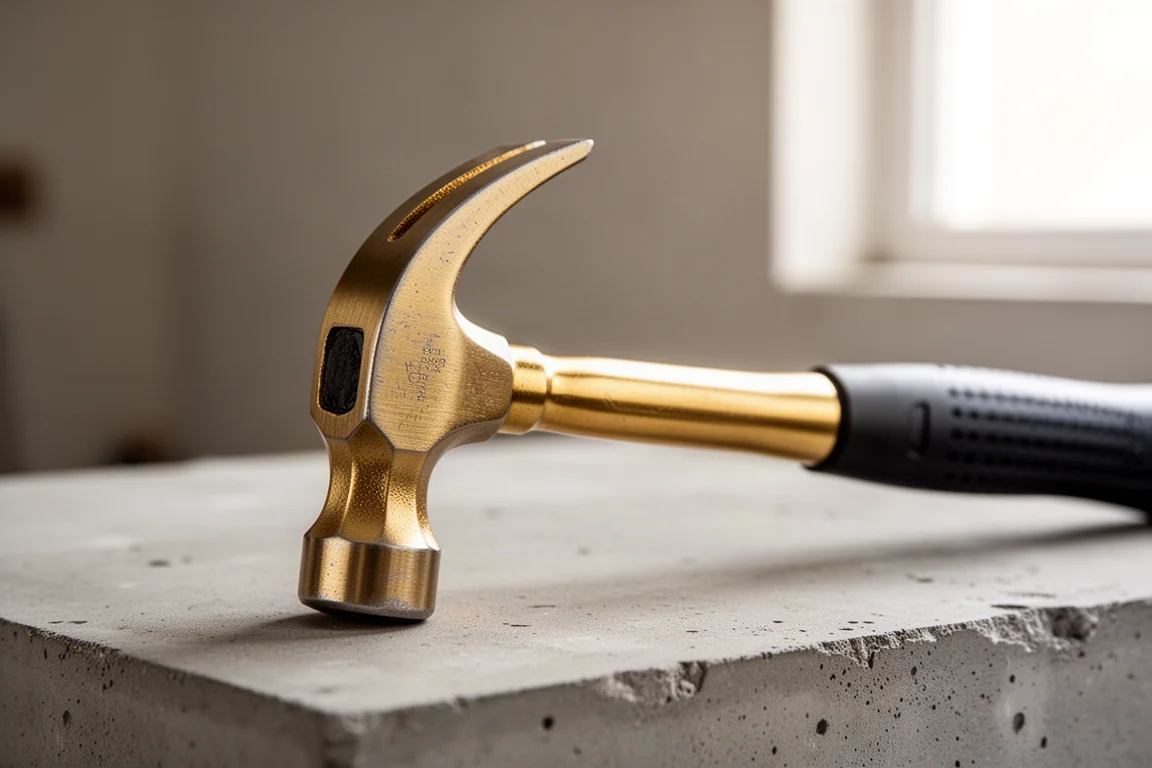 Gold titanium framing hammer head close-up showing claw and nail remover
