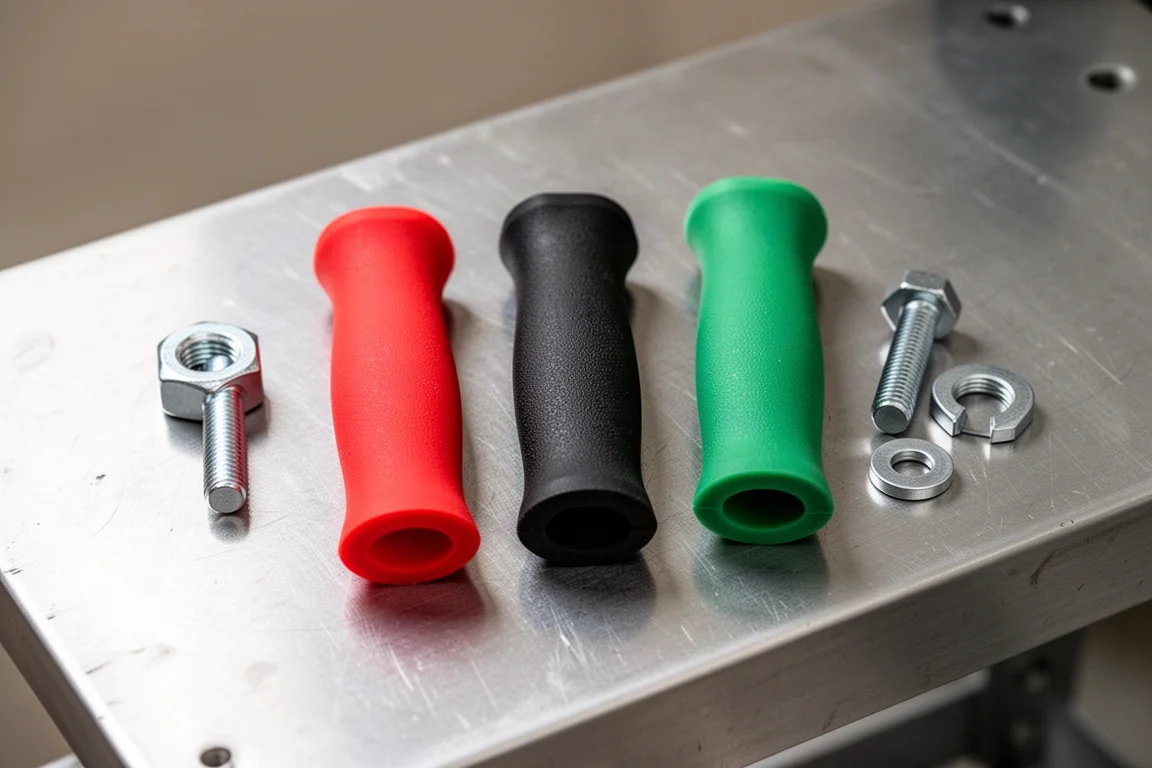 Three colored rubber grip sleeves laid out beside a disassembled hammer handle