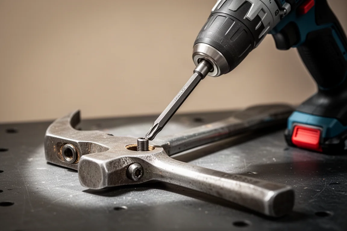 Impact driver with long Torx bit working on the bolt behind a hammer head