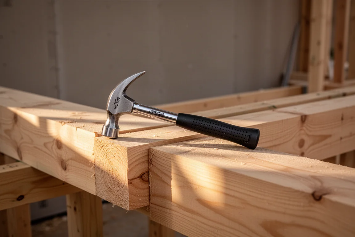 Framing hammer resting on wooden framing lumber at a construction site