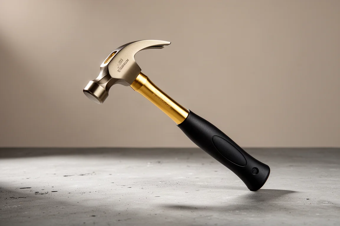 Gold titanium framing hammer with rubber handle on concrete surface
