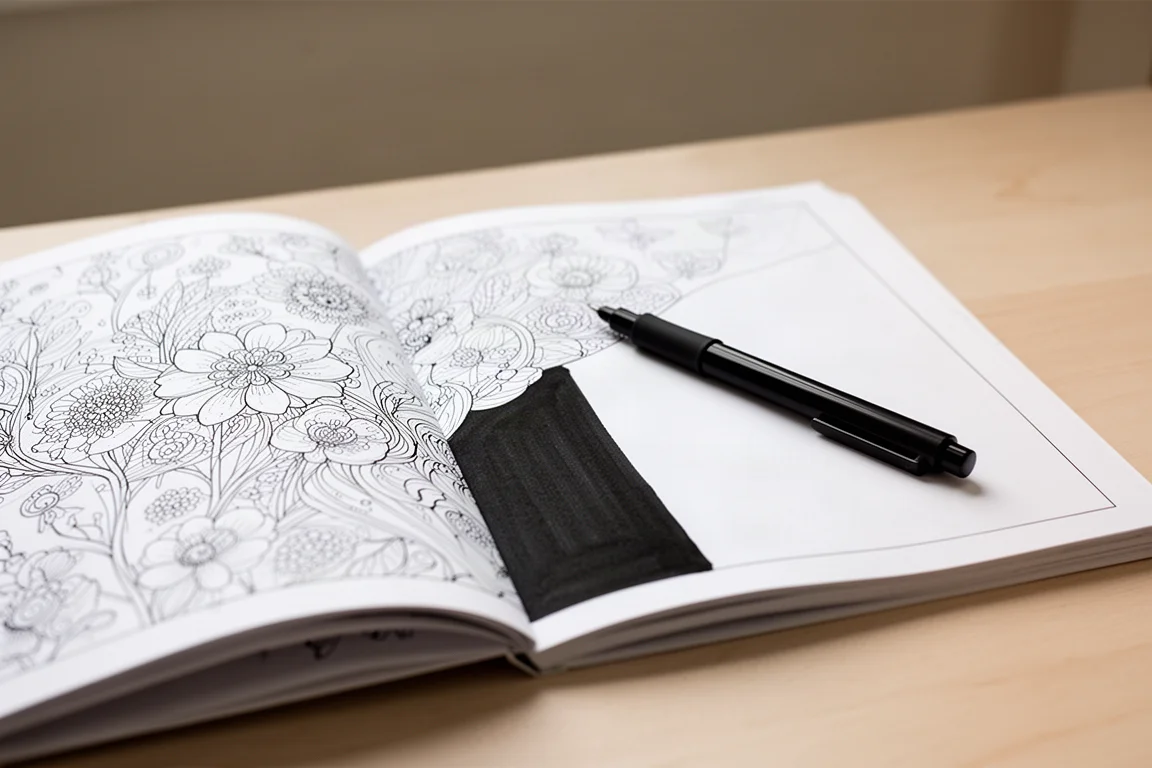 Open monochrome coloring book with a single black pen resting on the page