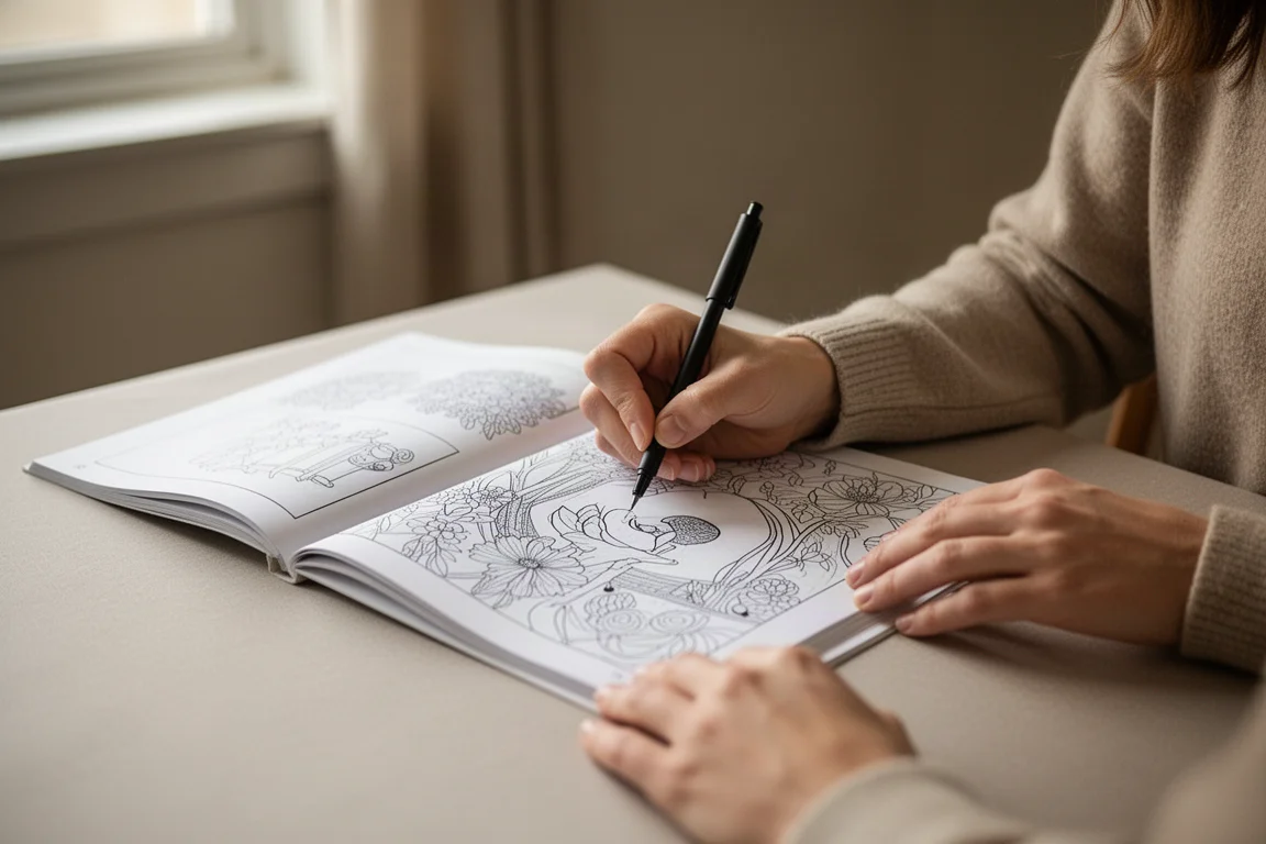 Person coloring one section of a monochrome page at a quiet home table