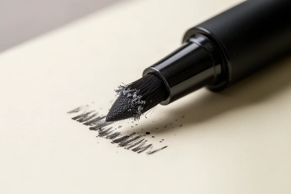 Close-up of a black brush pen tip worn down after heavy coloring