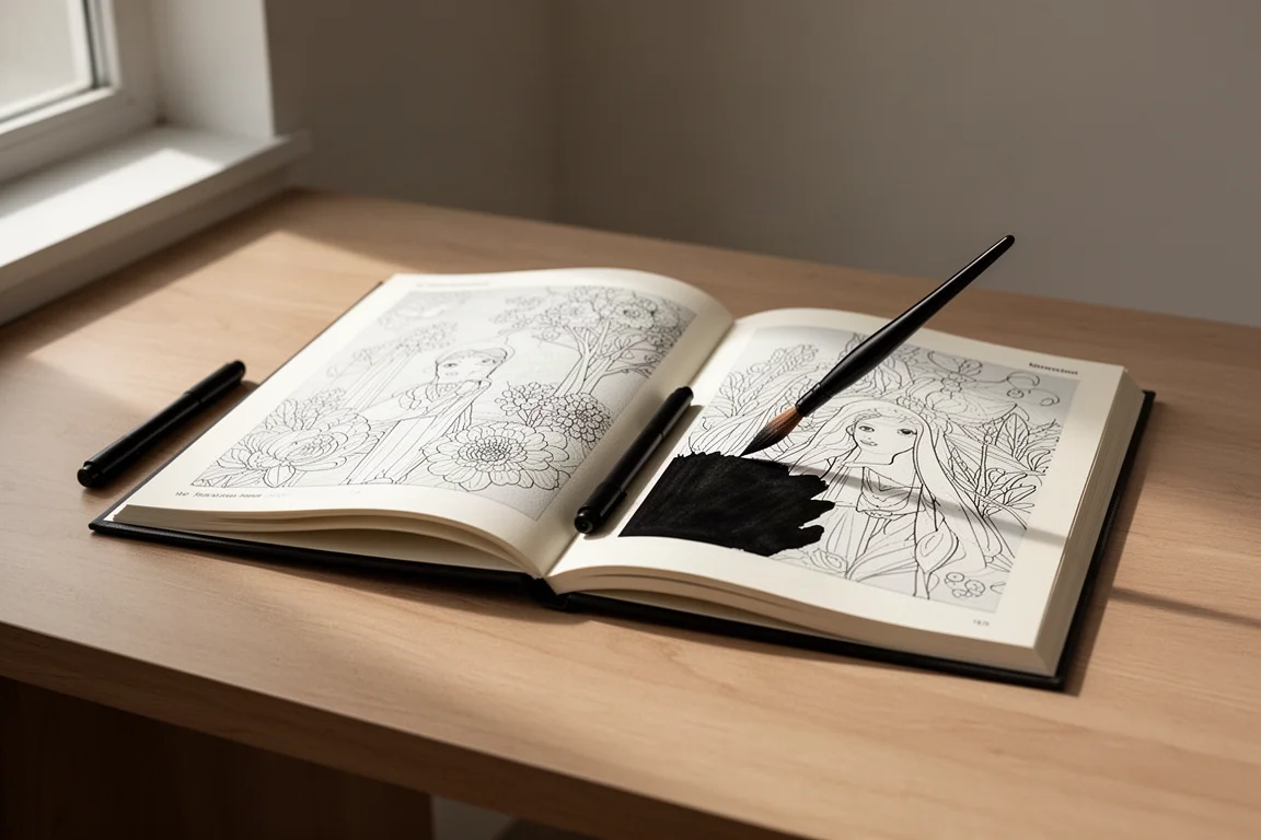 Aufgeschlagenes monochromes Malbuch, teilweise mit schwarzer Tinte ausgemalt, daneben ein einzelner Stift