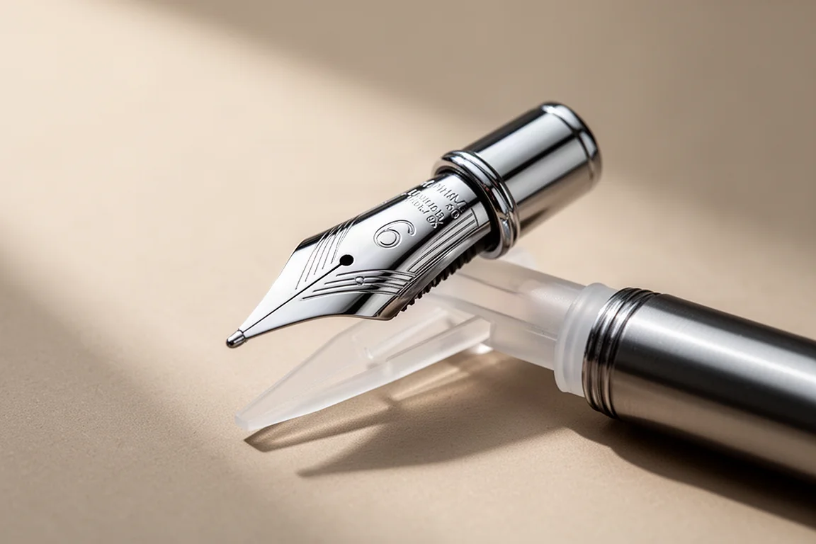 Gros plan sur la plume du stylo-plume avec des détails gravés en acier inoxydable