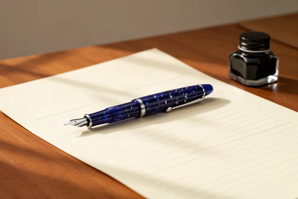 Stylo-plume reposant non posté sur un bureau à côté d'une feuille de papier ligné
