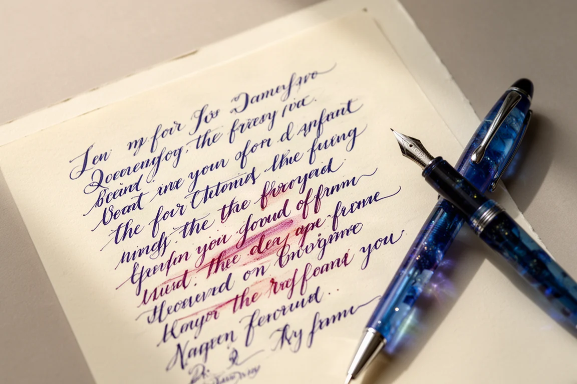 Page d'échantillon d'écriture avec une encre pour stylo-plume bleu profond très irisée