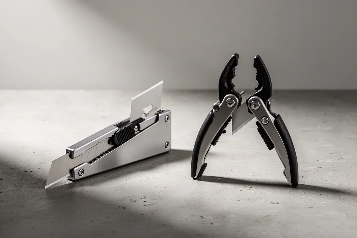 Two Stinger utility knives side by side on a matte concrete surface
