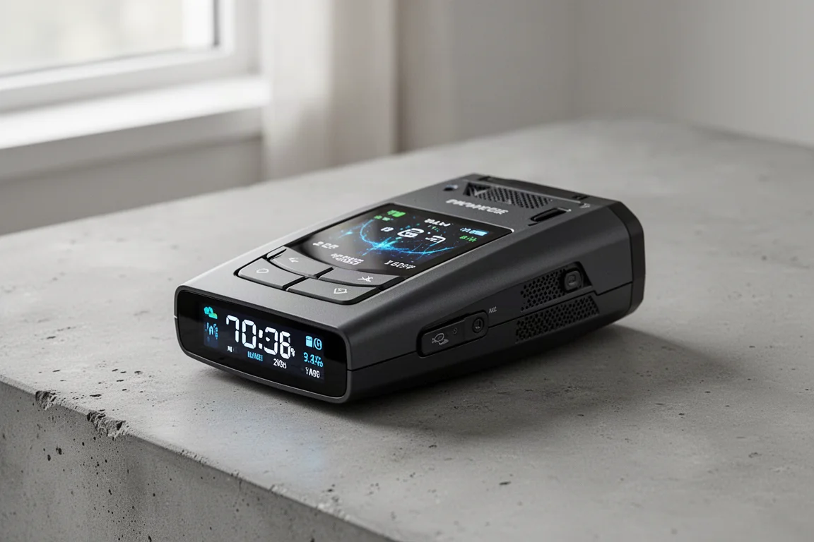 Collection of modern radar detectors on a matte concrete surface