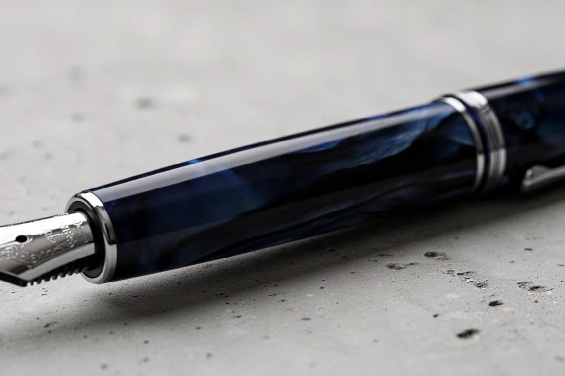 Cuerpo de pluma estilográfica de celuloide azul profundo con vetas visibles bajo una luz suave