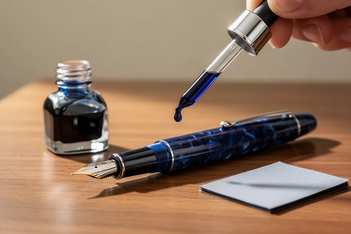 Cuerpo de pluma estilográfica llenándose de tinta azul con una pipeta