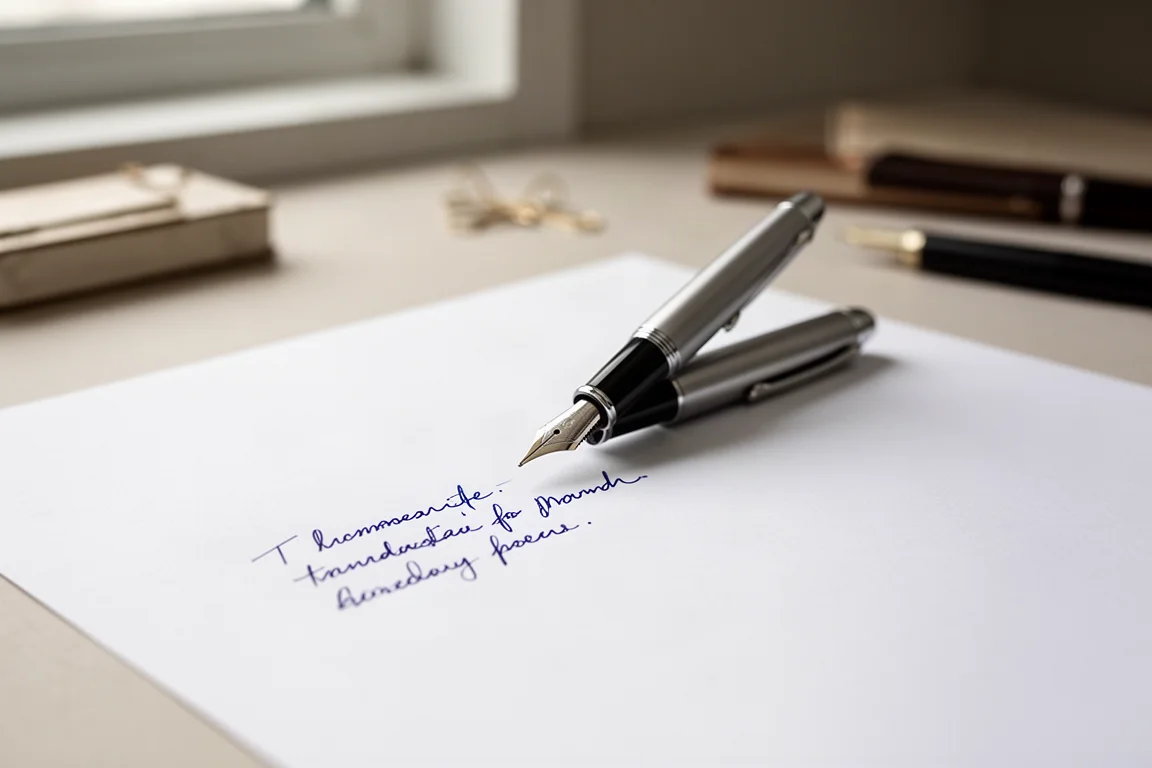 Muestra de escritura de una pluma estilográfica con tinta azul suave sobre papel blanco