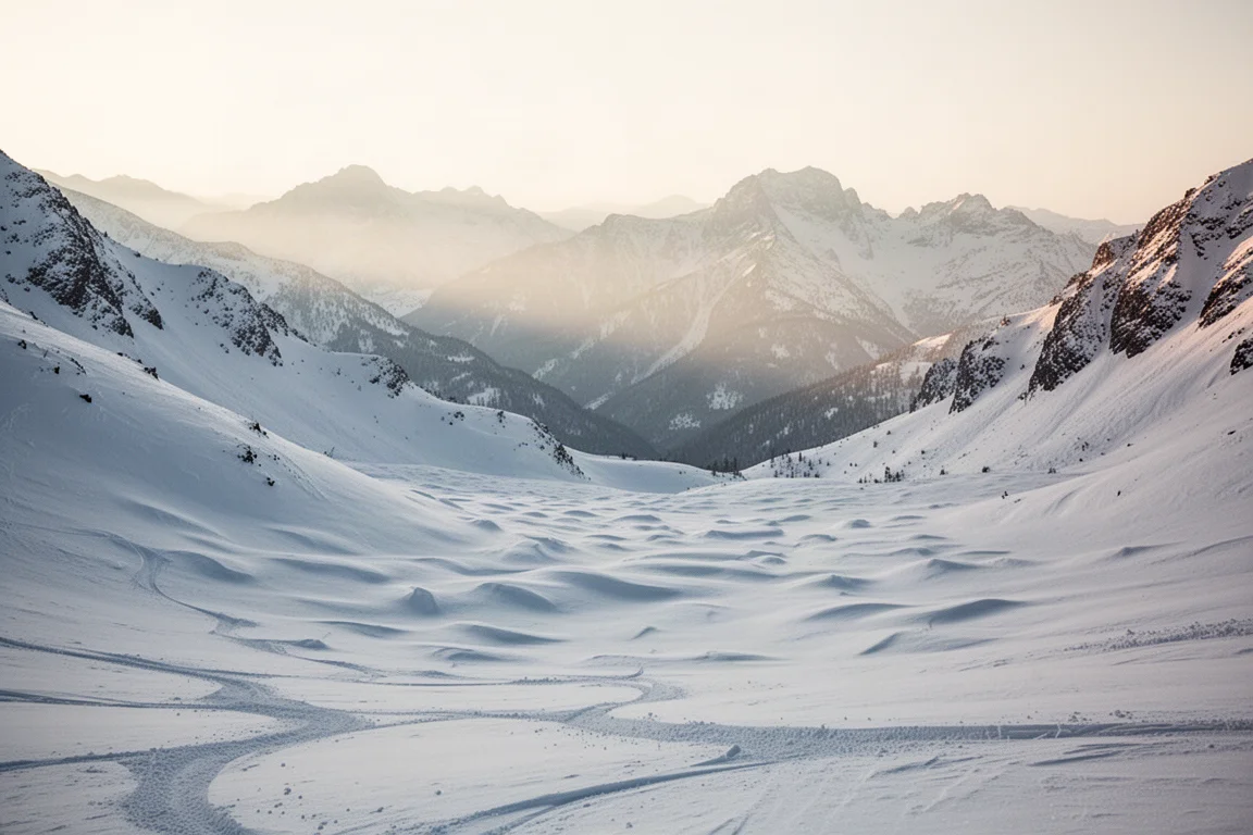 Wide open alpine bowl with untracked snow and distant ridgelines in soft morning light