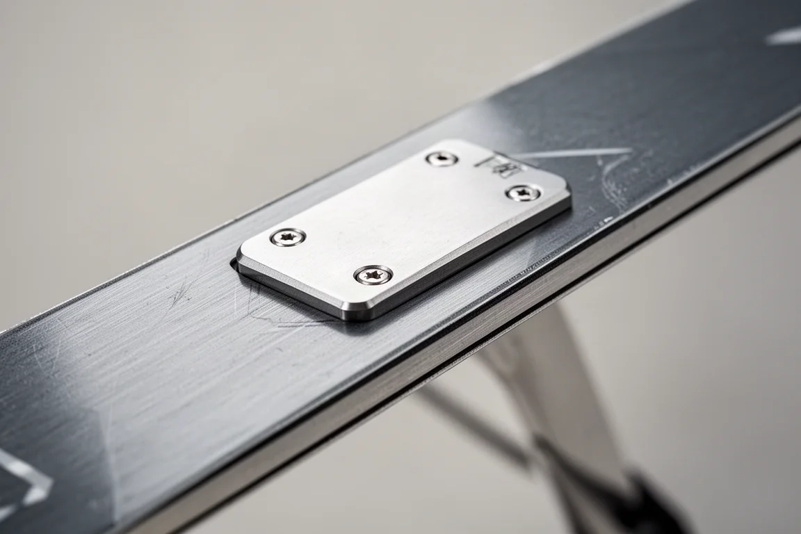 Close-up detail of a ski top sheet where the binding mounts to a metal laminate layer