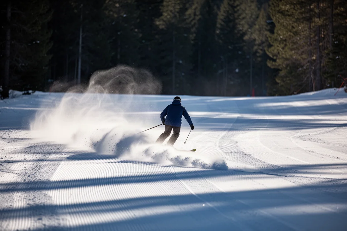 Skier carving a long sweeping turn on a groomed run with snow spray behind