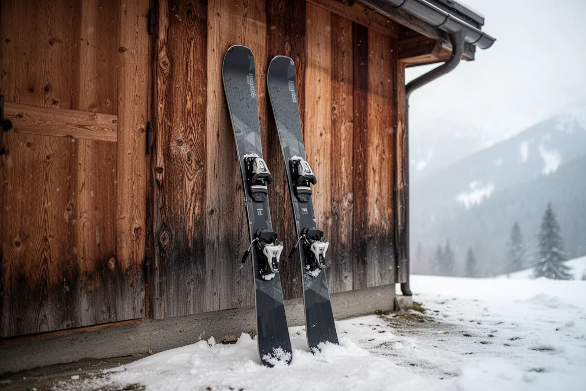 Pair of freeride skis leaning against a weathered wooden wall near a mountain lodge