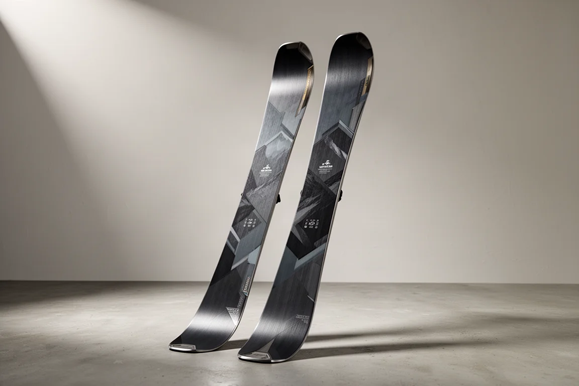 Pair of wide freeride alpine skis standing upright on a matte concrete surface in soft studio light