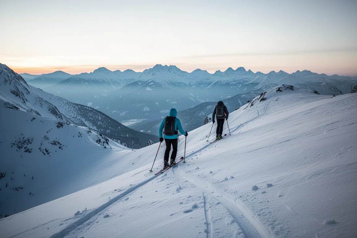 Ski tourer ascending a snow-covered ridge at first light