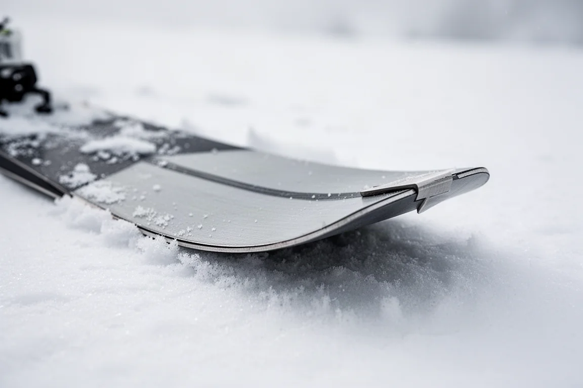 Close-up of a flat ski tail with skin fixation notch on packed snow