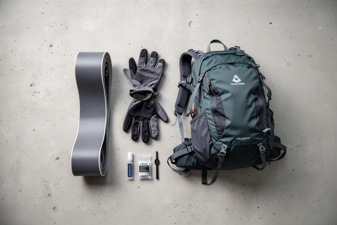 Overhead flat lay of touring gear on a concrete surface