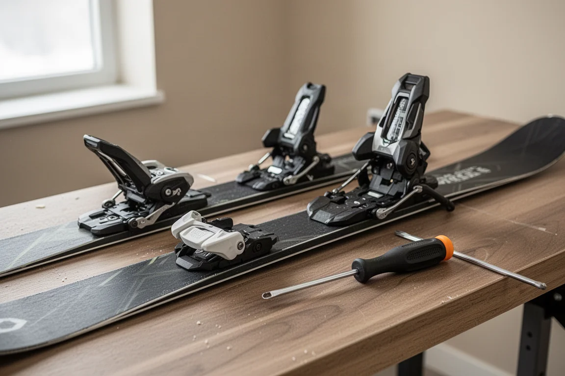 Ski bindings and tools laid out on a workbench for mounting