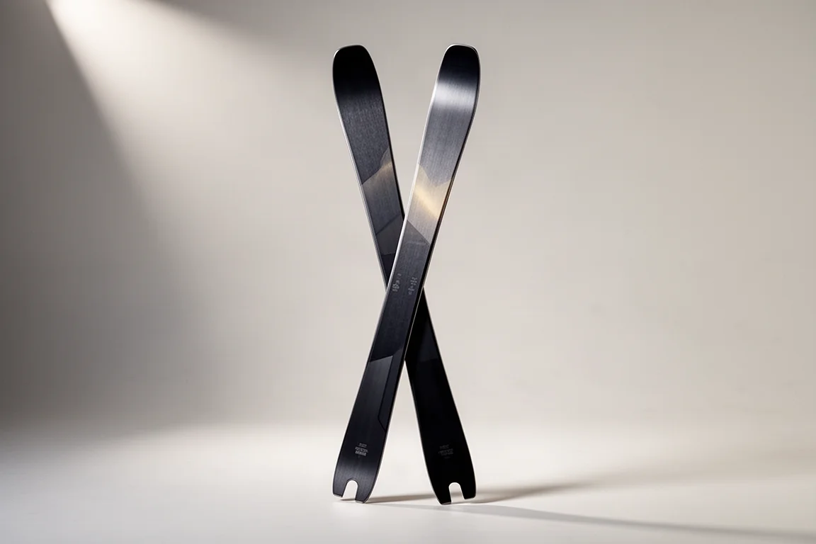 Pair of all-mountain touring skis standing on a neutral grey studio backdrop