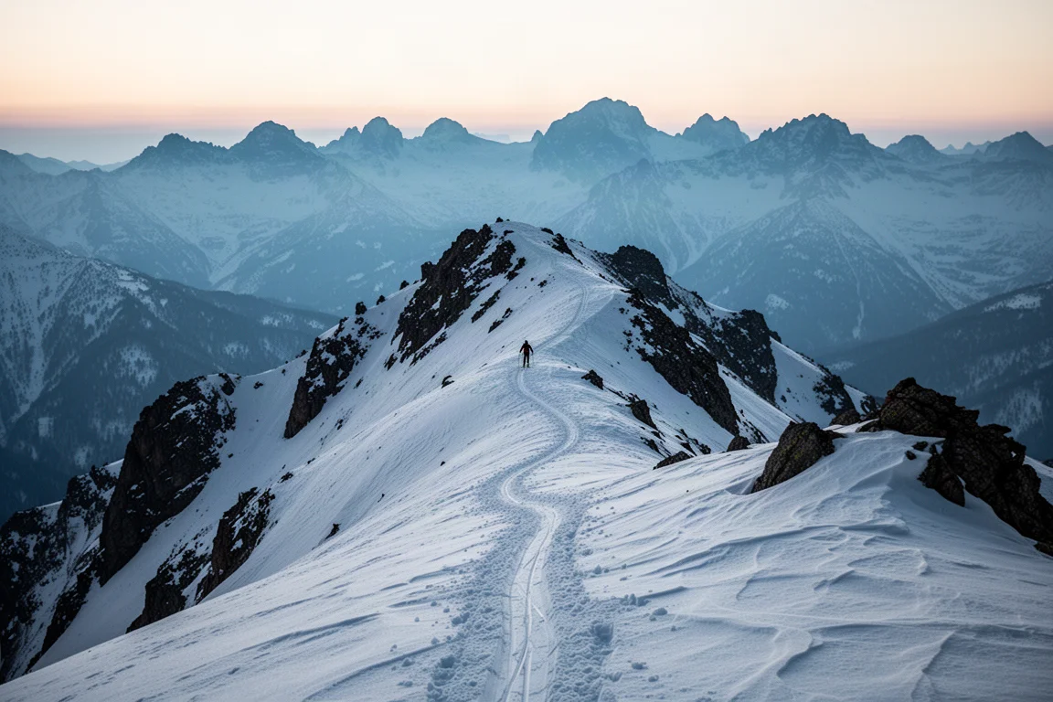 Skin track ascending an alpine ridgeline in early morning light