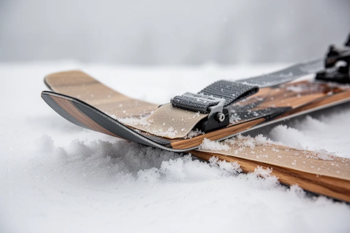 Ski tail with skin clip and climbing skin attached resting on snow