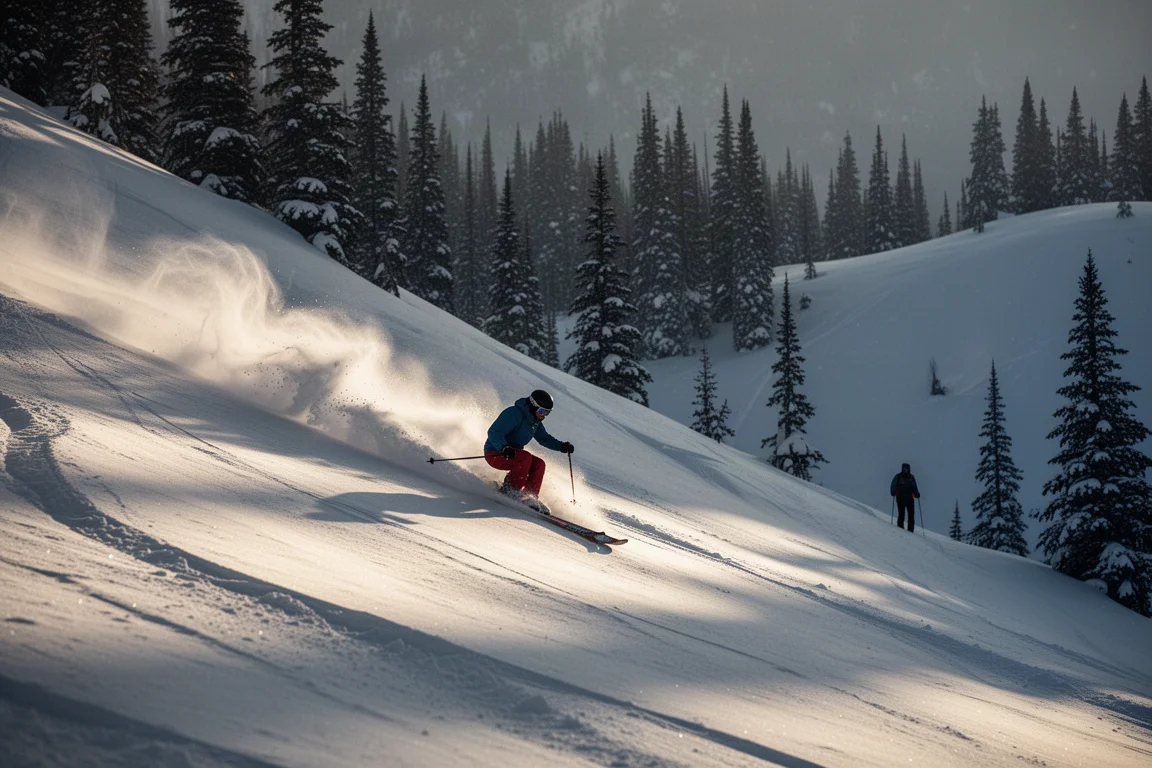 Skier making a turn on a steep powder slope with light snow spray