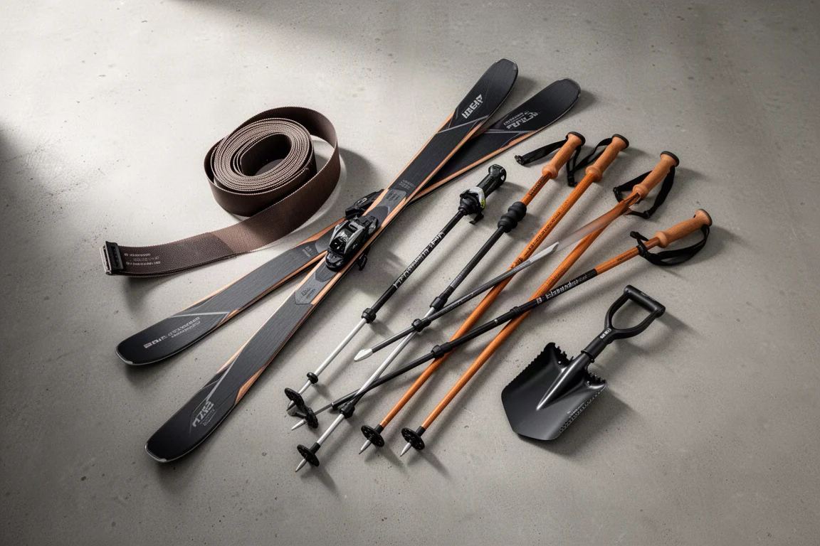 Overhead flat-lay of backcountry ski touring equipment on concrete