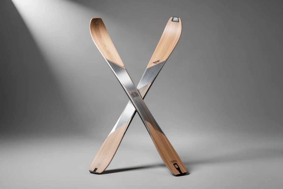 Slim touring ski standing upright on a neutral grey studio backdrop