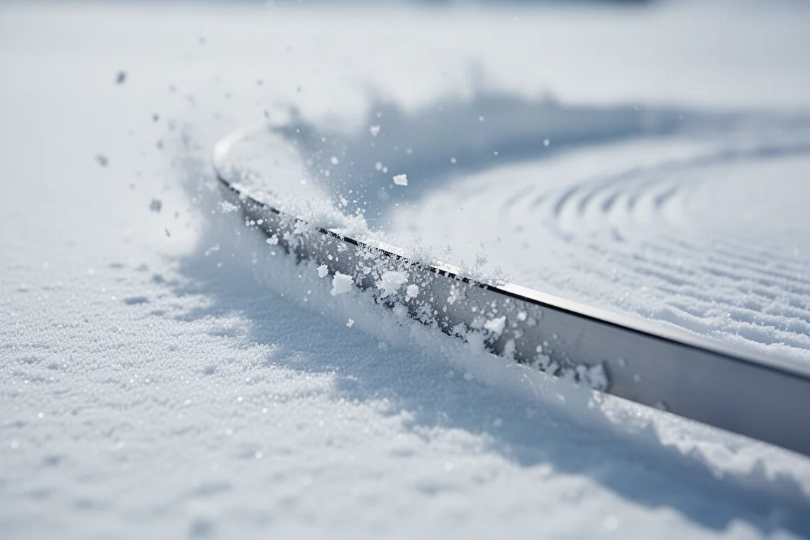滑雪板鋼邊在硬實壓雪上刻出緊緻弧線的特寫