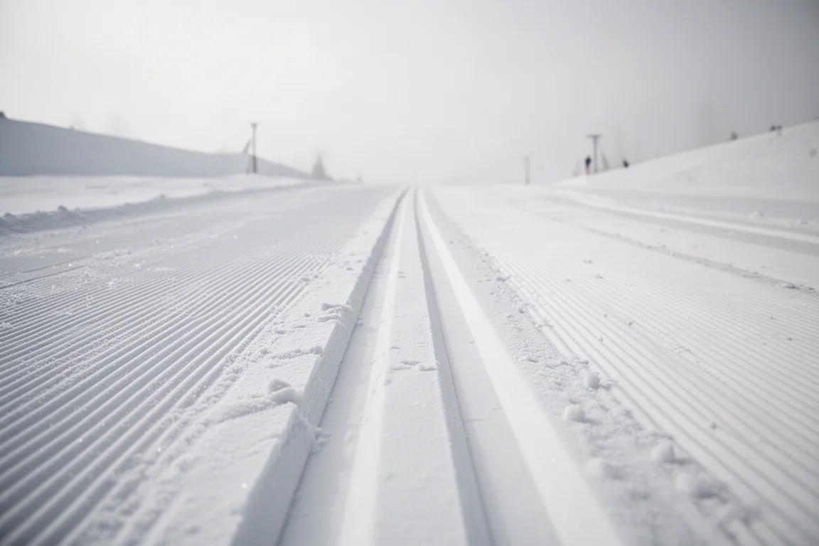 低角度俯瞰剛壓好的雪道,留有平行的滑雪板軌跡