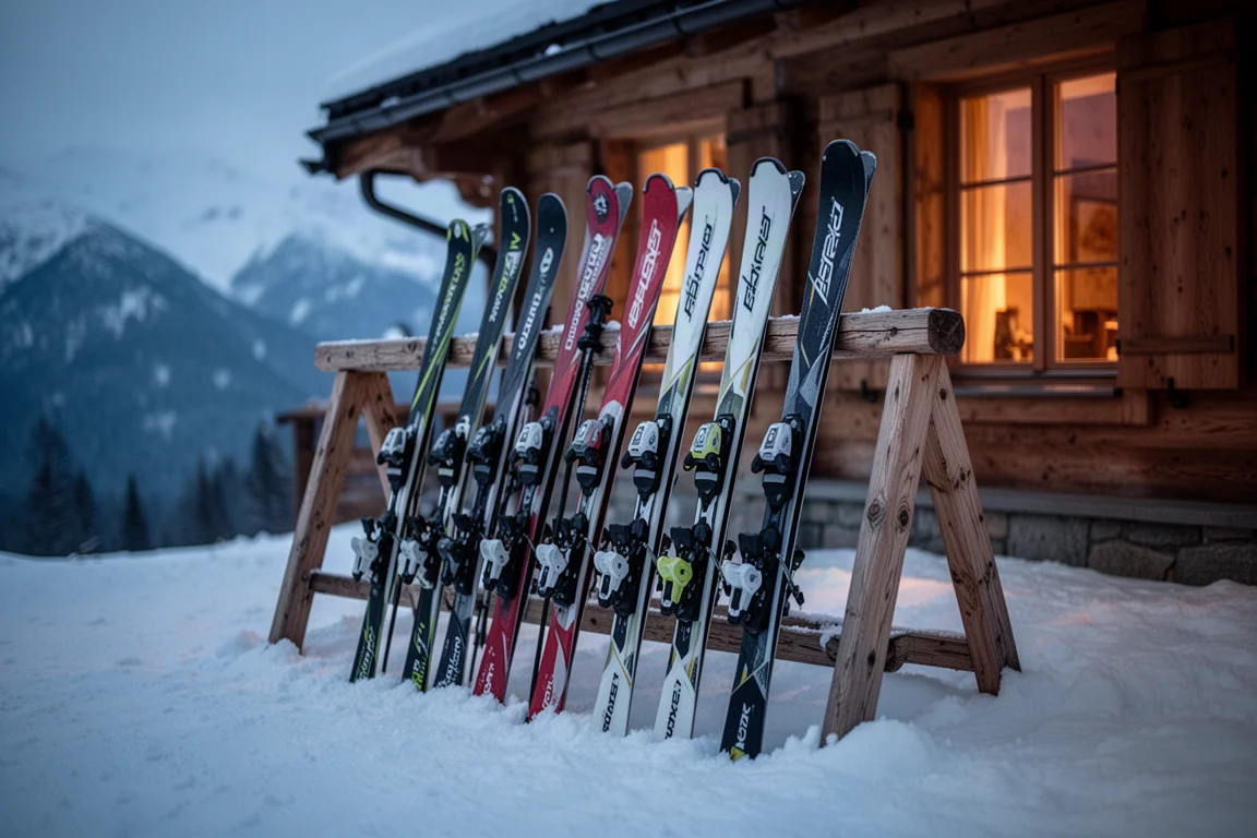 黃昏時分,高山滑雪板斜靠在山間小屋外的木製滑雪板架上