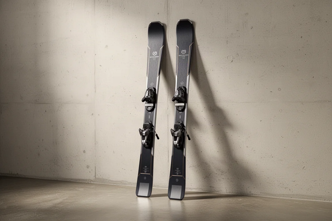 Pair of premium alpine skis with dark top sheets standing against a pale concrete wall