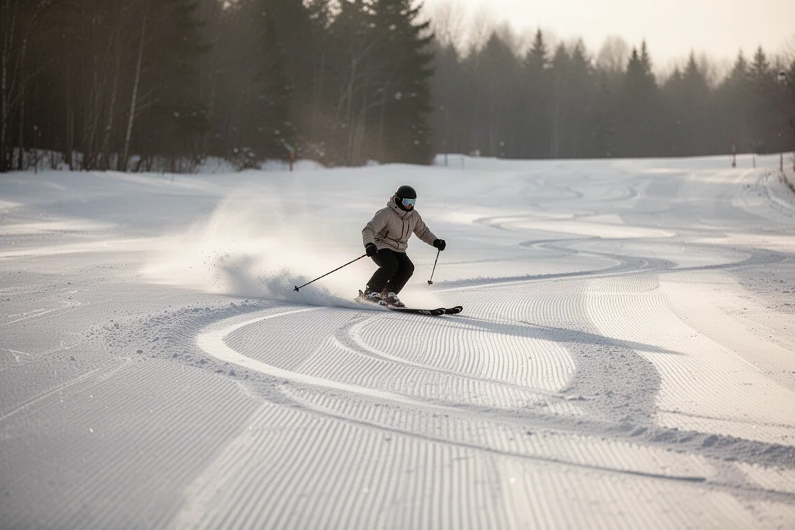 Skiër die een strakke boog carvet op een vers geprepareerde piste in zacht ochtendlicht